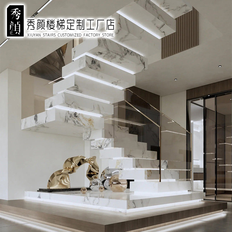 钢木堆叠楼梯岩板轻奢玻璃叠式复式别墅阁楼整体定制室内双跑家用图片