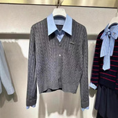 2026春季 灰色毛衣3701 气质撞色POLO领假两件学院风绞花针织衫