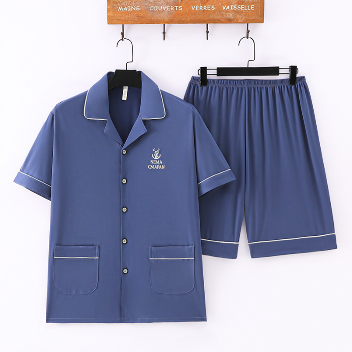 新品睡衣男夏季纯棉质开衫短袖短裤中老年人家居服薄款两件套装款