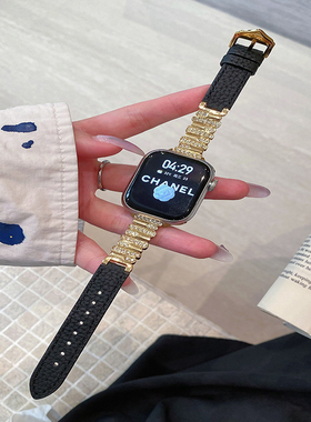 适用苹果s10手表带se45678镶钻不规则荔枝纹小米9pro手环10红米45