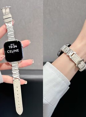 适用oppowatchx2mini4pro手表带镶钻不规则荔枝纹真皮se1/2代3pro