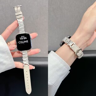 适用oppowatchx2mini4pro手表带镶钻不规则荔枝纹真皮se1/2代3pro