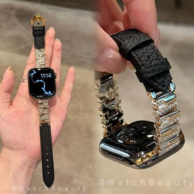 适用苹果s11手表带se45678镶钻不规则荔枝纹小米9pro手环10红米45