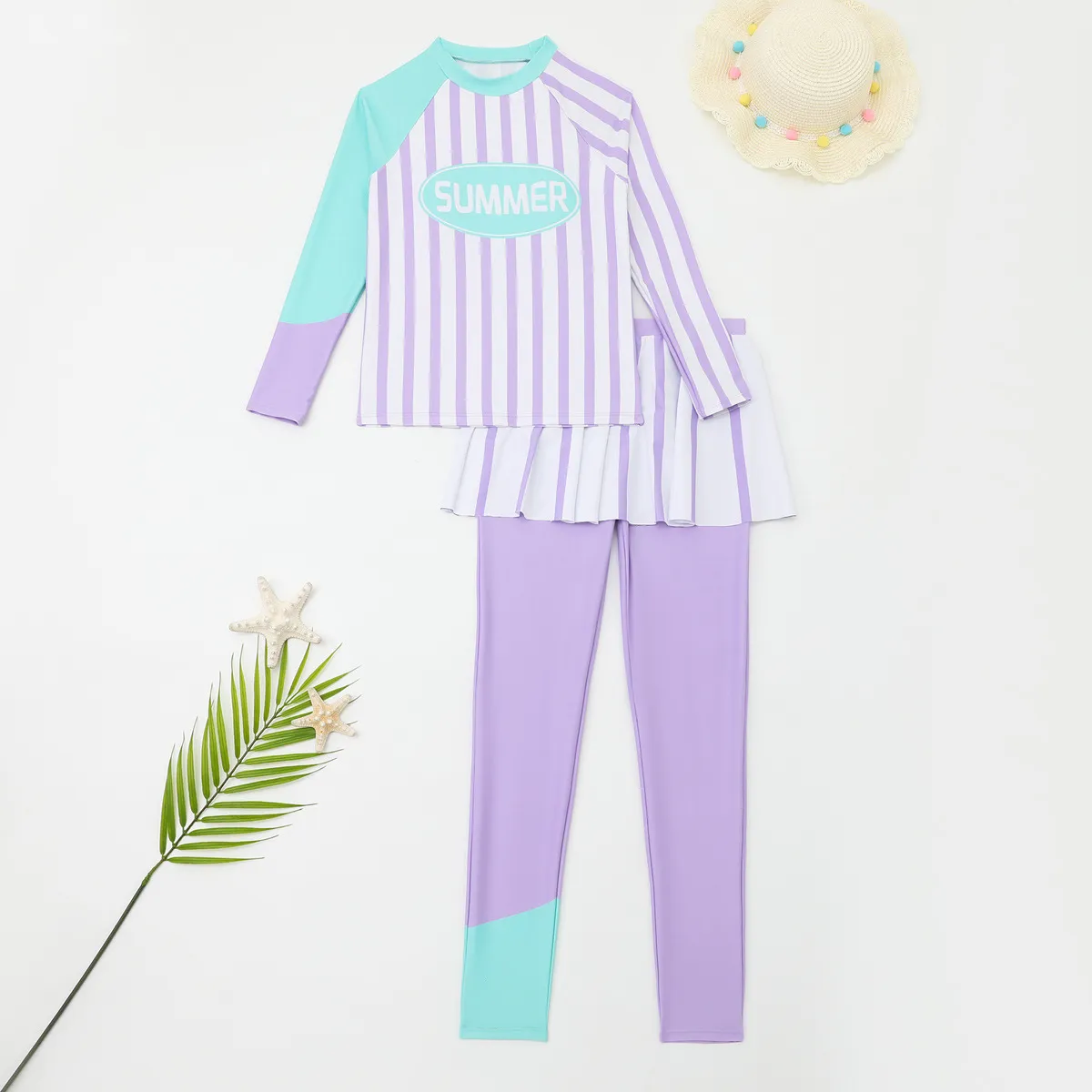 儿童泳衣长袖长裤女童游泳衣2025新款条纹短裙分体两件套泳装