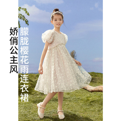 2024夏季新款女童泡泡袖连衣裙大童女孩欧根纱圆领A字裙