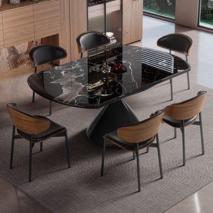 意式轻奢超晶石天然大理石方圆俩用微晶石小户型可伸缩餐桌椅组合