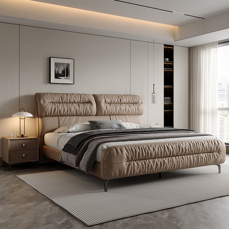 意式轻奢多功能智能按摩真皮床头层牛皮床主卧双人羽绒软包皮艺床