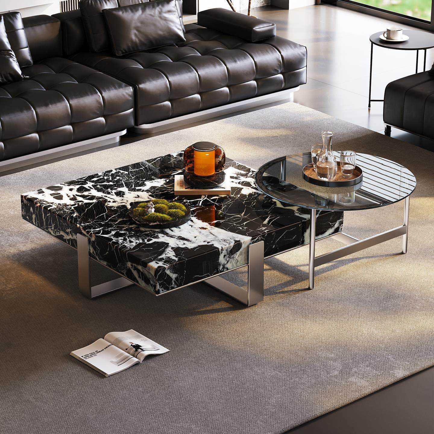 意式极简天然大理石茶几客厅家用高级感正方形茶几组合2025年新款,住宅家具,茶几,淘宝优惠券,粉丝福利购,淘宝优惠卷