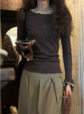 JMWOMEN复古碎花长袖T恤女秋冬修身假两件木耳边花瓣袖打底衫上衣