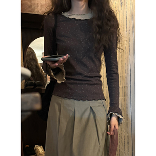 JMWOMEN复古碎花长袖T恤女秋冬修身假两件木耳边花瓣袖打底衫上衣