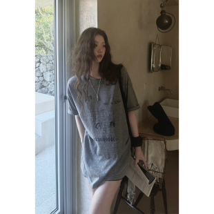 JMWOMEN〔半页风信〕麻灰肌理感朦胧做旧叠印短袖T恤女夏圆领上衣