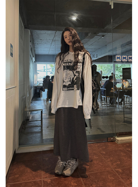 JMWOMEN白色美式复古印花长袖T恤女秋新款宽松慵懒感百搭圆领上衣