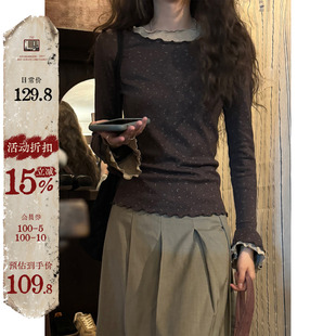 打底衫 假两件木耳边花瓣袖 上衣 T恤女秋冬修身 JMWOMEN复古碎花长袖