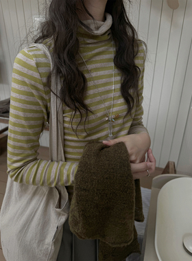 JMWOMEN「日落塔塔」可翻撞色高领条纹长袖T恤女冬厚款修身打底衫