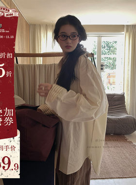 JMWOMEN米白色袖口条纹小绣标简约长袖衬衫女秋宽松简约翻领上衣