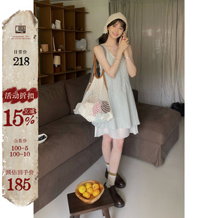 JMWOMEN 豆蔻绿复古吊带连衣裙女夏宽松两件套裙子 原创重工刺绣