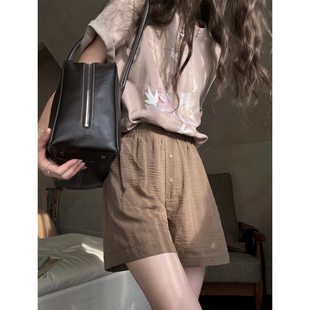 宽松阔腿直筒长裤 女2026夏新款 棕色复古纽扣高腰休闲短裤 JMWOMEN