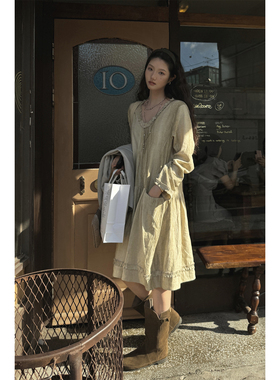 JMWOMEN  砂洗渐染 复古手工压褶长袖连衣裙女秋新款褶皱慵懒长裙