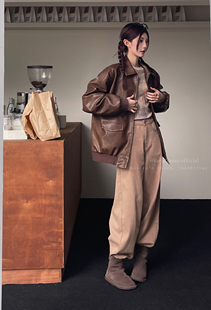 jmwomen棕色中长款翻领pu机车夹克皮衣外套女秋港风复古显瘦外套