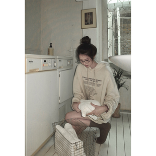 JMWOMEN 复古艺术字母印花连帽卫衣女春季宽松慵懒感上衣