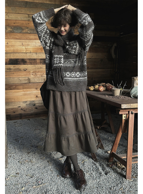 JMWOMEN麋咖物语送围巾 棕色费尔岛圣诞毛衣女冬加厚软糯套头上衣