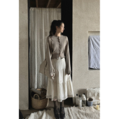 JMWOMEN花瓣卷边 燕麦卡其色复古针织圆领毛衣秋宽松软糯开衫 上衣