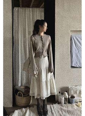 JMWOMEN花瓣卷边 燕麦卡其色复古针织圆领毛衣秋宽松软糯开衫上衣