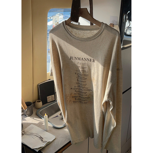 T恤女春季 燕麦色字母长袖 纯棉宽松慵懒上衣 丛林歌曲清单 JMWOMEN