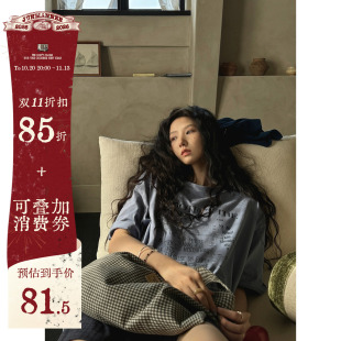 JMWOMEN 卡布里蓝 蓝色简约字母短袖T恤女2026夏纯棉宽松慵懒上衣