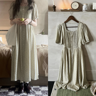 JMWOMEN草的味道 绿色碎花方领短袖连衣裙女夏宽松a字泡泡袖长裙