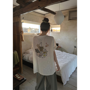 JMWOMEN Used books旧书本 米白印花竹节棉T恤女夏季纯棉宽松上衣