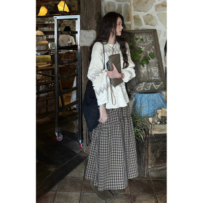 JMWOMEN饼棕方块复古抗皱格子高腰半身裙女秋冬款宽松百搭a字长裙