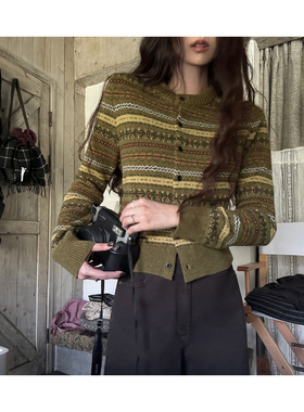 JMWOMEN 绿色费尔岛复古100%羊毛毛衣女冬季修身软糯针织圆领上衣