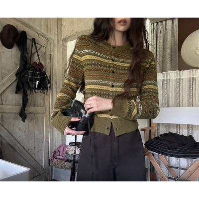 JMWOMEN 绿色费尔岛复古100%羊毛毛衣女冬季修身软糯针织圆领上衣