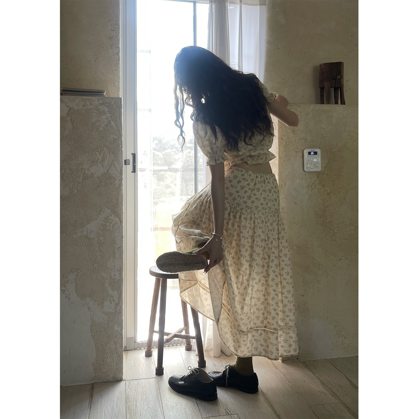 JMWOMEN 一路浪漫 紫茛菊碎花短款衬衫女夏系带a字半身裙两件套装