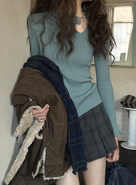 JMWOMEN 绿色复古细麻花木耳边针织毛衣女冬修身显瘦简约打底上衣