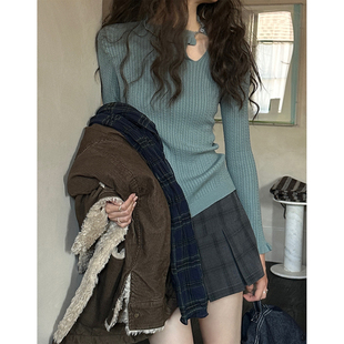JMWOMEN 绿色复古细麻花木耳边针织毛衣女冬修身显瘦简约打底上衣