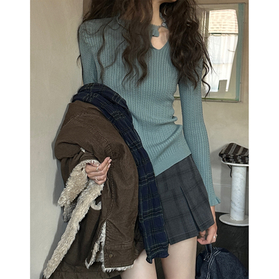 JMWOMEN 绿色复古细麻花木耳边针织毛衣女冬修身显瘦简约打底上衣