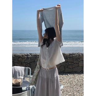 JMWOMEN韩系白色简约荷叶V领短袖衬衫2026春季新款宽松泡泡袖上衣