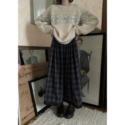 JMWOMEN「篮块待续」暗邃蓝色格子拼接高腰半身裙女冬复古a字长裙