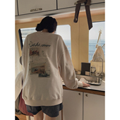 JMWOMEN船屋日记 宽松慵懒感套头上衣 海隅米灰复古印花卫衣女春季