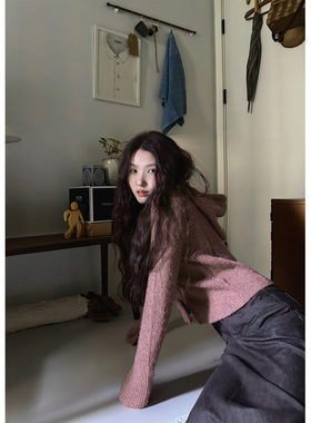 JMWOMEN薄雾茸 香芋紫色双拉链连帽针织毛衣女秋宽松软糯百搭外套