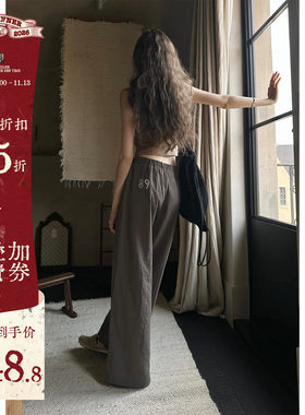 灰棕色直筒松紧腰宽松休闲裤百搭