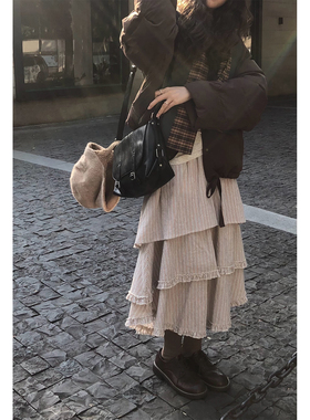 JMWOMEN 圆圈雨季 灰色条纹高腰半身裙女秋冬旋律层次设计a字长裙