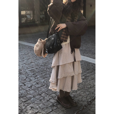 JMWOMEN 圆圈雨季 灰色条纹高腰半身裙女秋冬旋律层次设计a字长裙