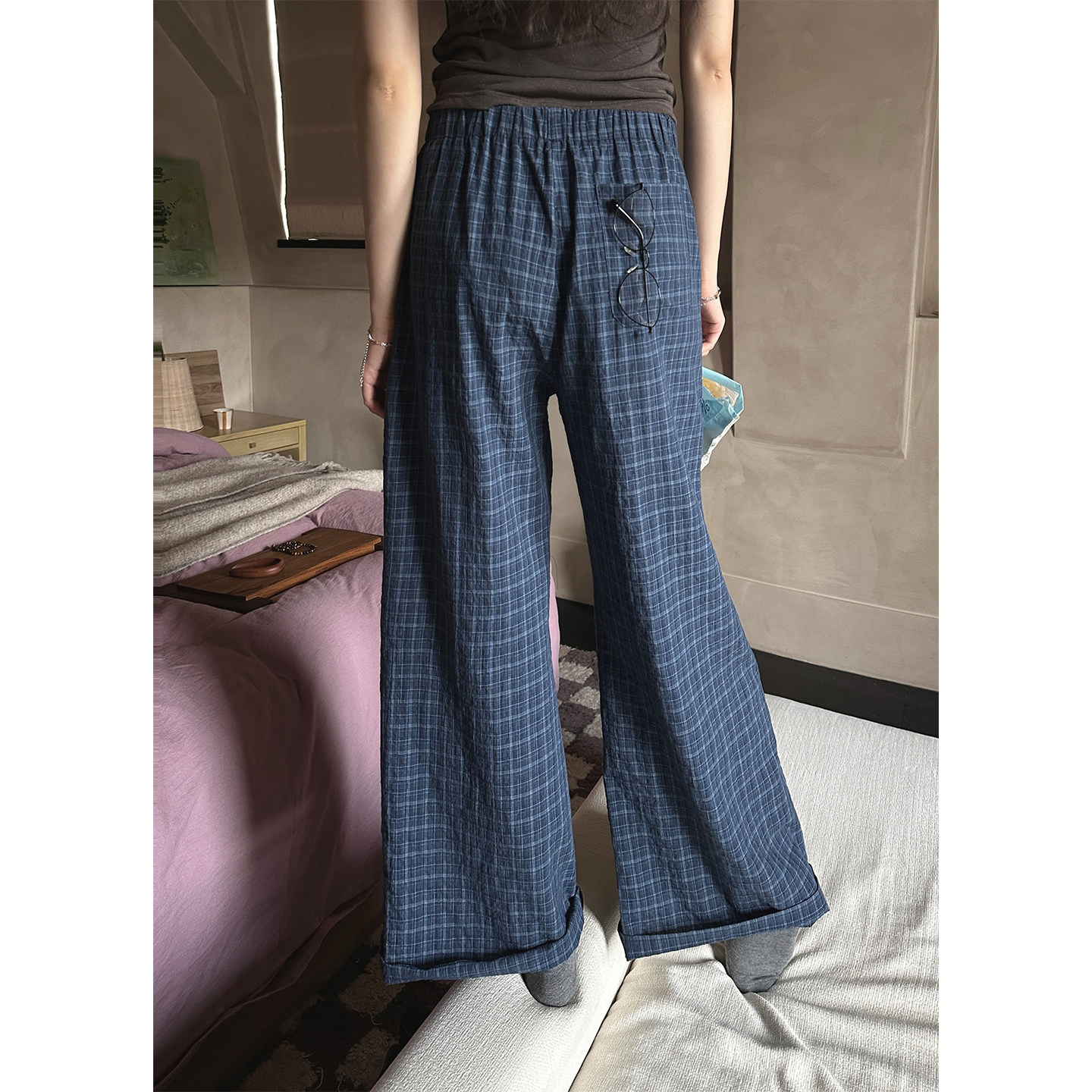 JMWOMEN"零束缚舒适"靛蓝格子阔腿高腰休闲裤女夏季慵懒拖地长裤