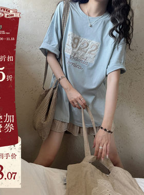 JMWOMEN 薄荷蓝碎花贴布刺绣短袖T恤女2026夏宽松慵懒感中袖上衣