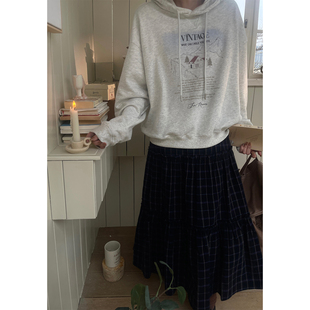 JMWOMEN 山脉小屋 淡雪花灰简约印花连帽卫衣女秋季宽松慵懒上衣