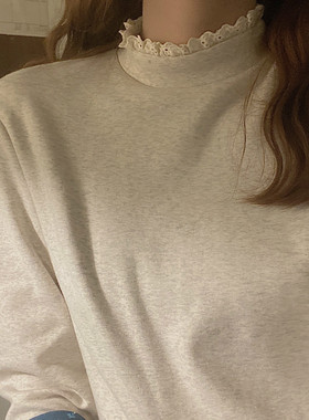 jmwomen复古蕾丝半高领打底衫女韩版秋冬加厚宽松内搭长袖T恤上衣