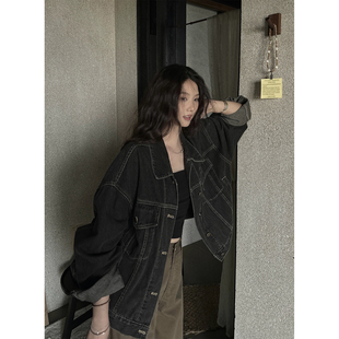 JMWOMEN 微醺烟灰黑复古廓感牛仔外套女秋季宽松慵懒百搭翻领上衣